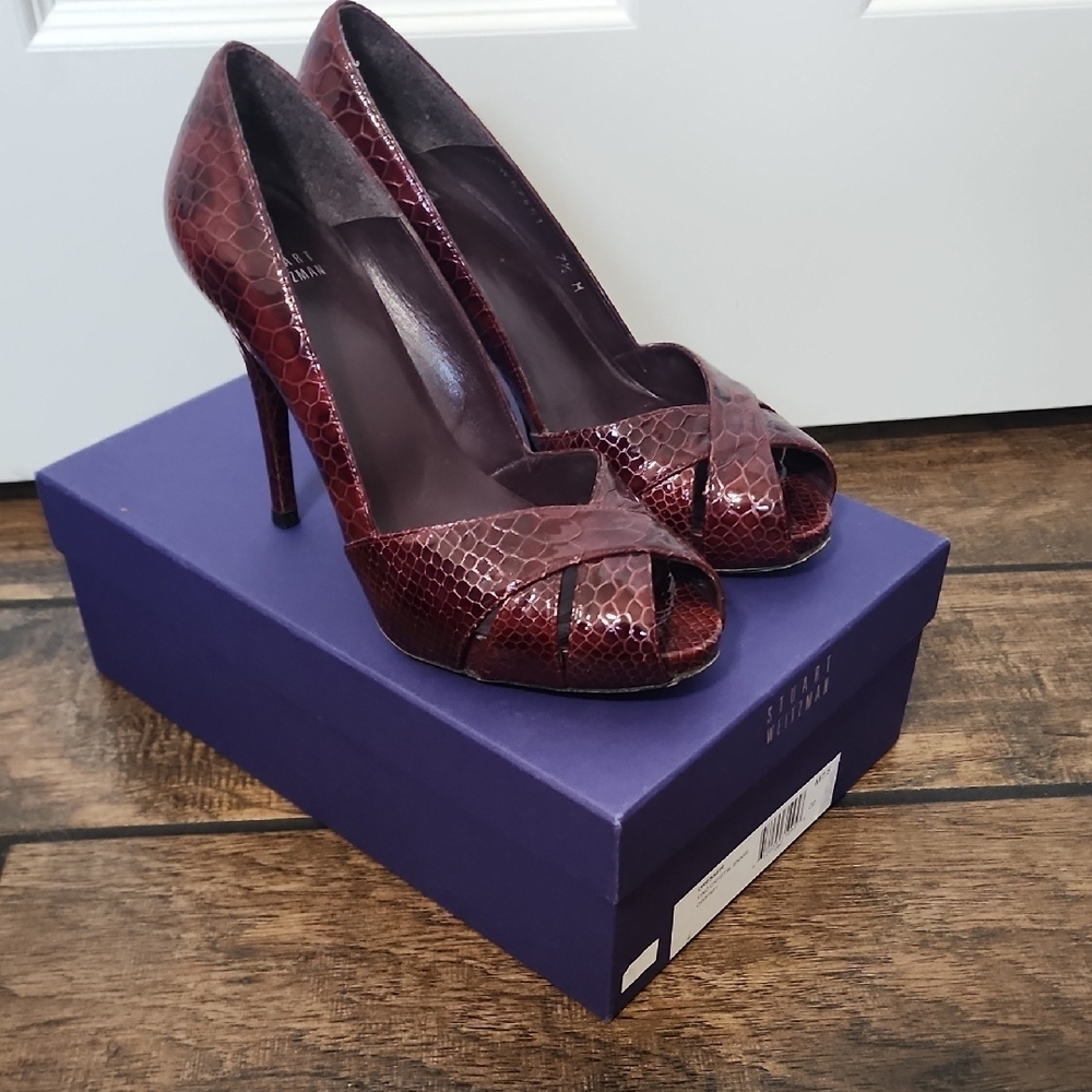 Stuart Weitzman Dresser Vino Crystal Snake Red Peep Toe Heels Size 7.5 M EUC